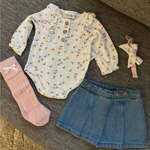 Nicole Miller White and Pink Floral Baby Top and Skirt with accessories